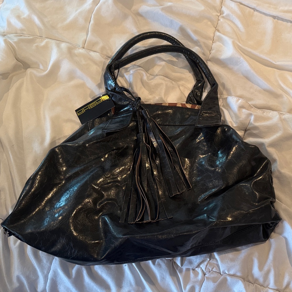 Black Leather Tote Bag with Tassels